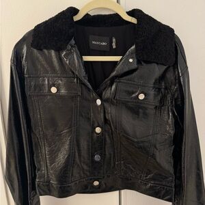 Dolce Cabo Patent Black Leather Jacket with Shearling Collar